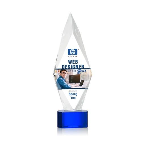 Awards and Trophies - Crystal Awards - Manilow Full Color Blue on Paragon Base Diamond Crystal Award