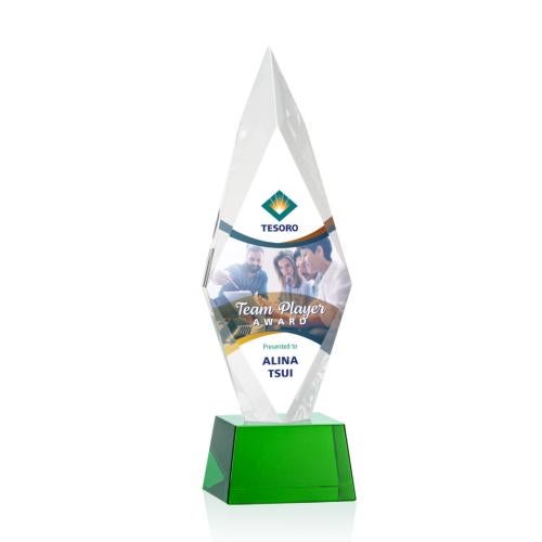 Awards and Trophies - Crystal Awards - Manilow Full Color Green on Robson Base Diamond Crystal Award