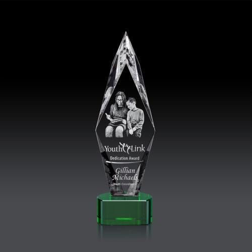 Awards and Trophies - Crystal Awards - Manilow Green on Paragon Base (3D) Diamond Crystal Award
