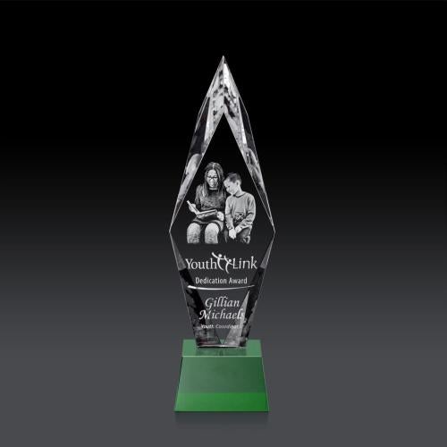 Awards and Trophies - Crystal Awards - Manilow Green on Robson Base (3D) Diamond Crystal Award