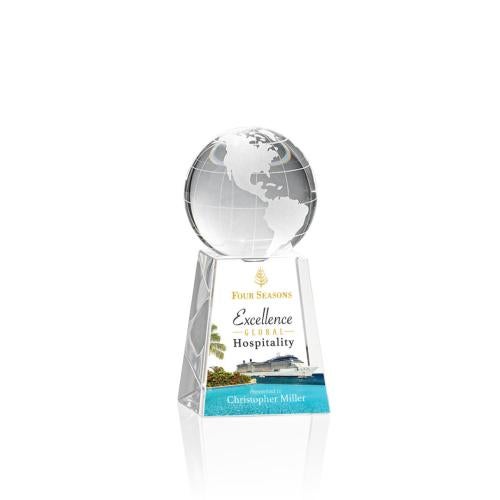 Awards and Trophies - Crystal Awards - Globe on Tall Base Full Color Globe Crystal Award