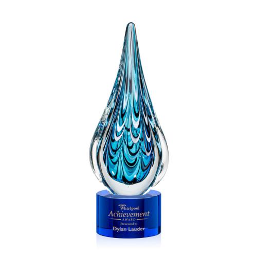 Awards and Trophies - Crystal Awards - Glass Awards - Art Glass Awards - Worchester Blue on Marvel Base Tear Drop Glass Award