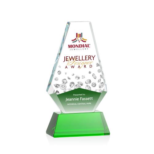 Awards and Trophies - Crystal Awards - Kingsley Full Color Green on Newhaven Base Polygon Crystal Award