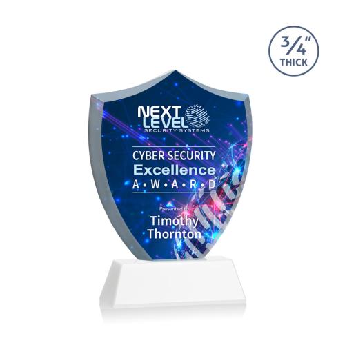 Awards and Trophies - Crystal Awards - Scudo Shield Full Color White on Newhaven Unique Crystal Award