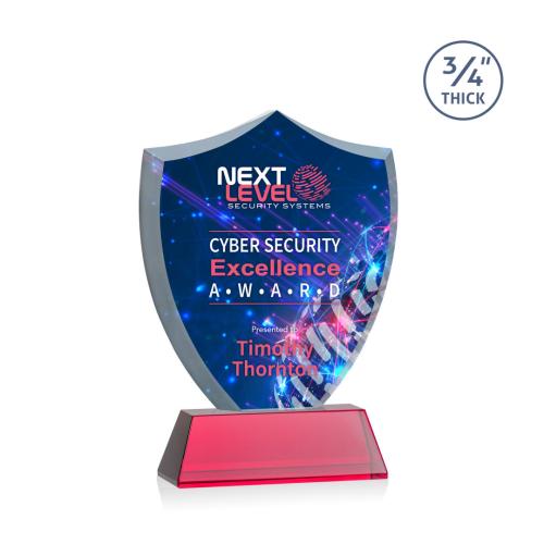 Awards and Trophies - Crystal Awards - Scudo Shield Full Color Red on Newhaven Unique Crystal Award