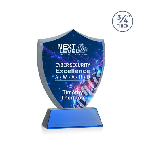 Awards and Trophies - Crystal Awards - Scudo Shield Full Color Blue on Newhaven Unique Crystal Award