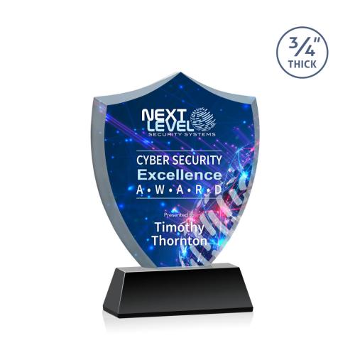 Awards and Trophies - Crystal Awards - Scudo Shield Full Color Black on Newhaven Unique Crystal Award