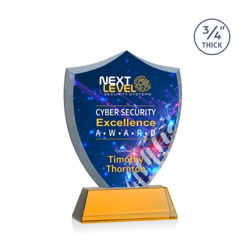 Awards and Trophies - Crystal Awards - Scudo Shield Full Color Amber on Newhaven Unique Crystal Award
