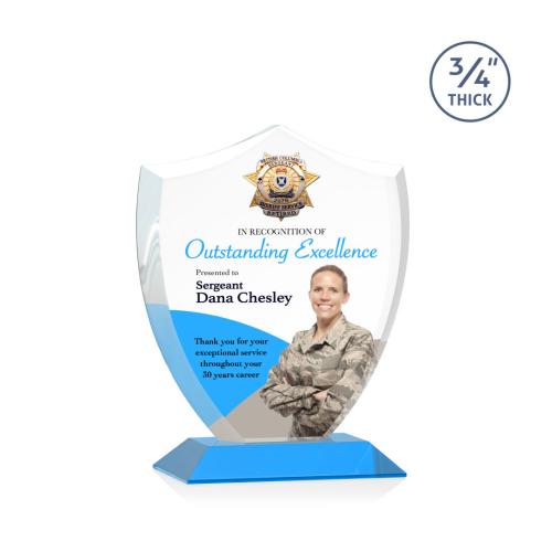 Awards and Trophies - Crystal Awards - Scudo Shield Full Color Sky Blue Unique Crystal Award