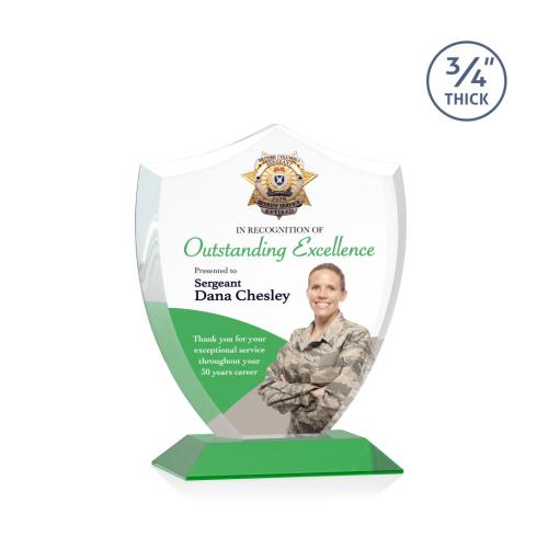 Awards and Trophies - Crystal Awards - Scudo Shield Full Color Green Unique Crystal Award