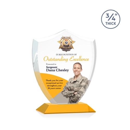 Awards and Trophies - Crystal Awards - Scudo Shield Full Color Amber Unique Crystal Award