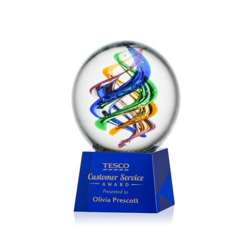 Awards and Trophies - Crystal Awards - Glass Awards - Art Glass Awards - Galileo Blue on Robson Base Globe Glass Award
