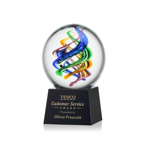 Awards and Trophies - Crystal Awards - Glass Awards - Art Glass Awards - Galileo Black on Robson Base Globe Glass Award