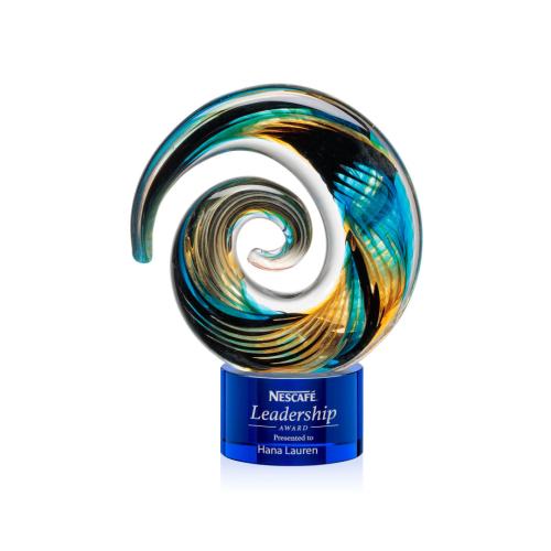 Awards and Trophies - Crystal Awards - Glass Awards - Art Glass Awards - Nazare Blue on Marvel Circle Glass Award