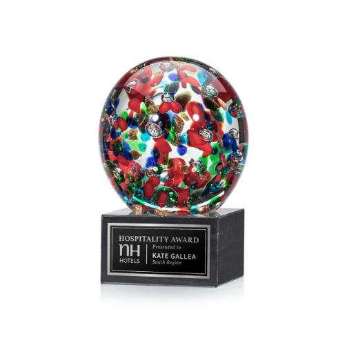 Awards and Trophies - Crystal Awards - Glass Awards - Art Glass Awards - Fantasia Globe on Square Marble Award
