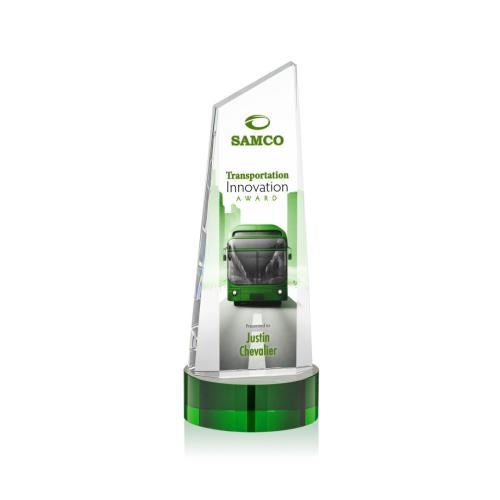 Awards and Trophies - Crystal Awards - Belmont Tower Full Color Green on Stanrich Peaks Crystal Award