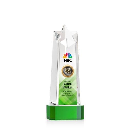 Awards and Trophies - Crystal Awards - Delaware Star Full Color Green on Base Towers Crystal Award