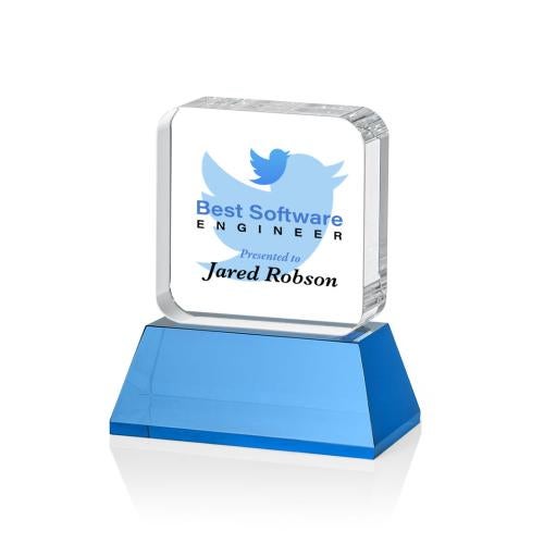 Awards and Trophies - Crystal Awards - Flamborough Full Color Sky Blue on Base Square / Cube Crystal Award