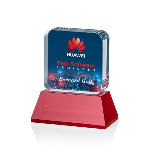 Awards and Trophies - Crystal Awards - Flamborough Full Color Red on Base Square / Cube Crystal Award