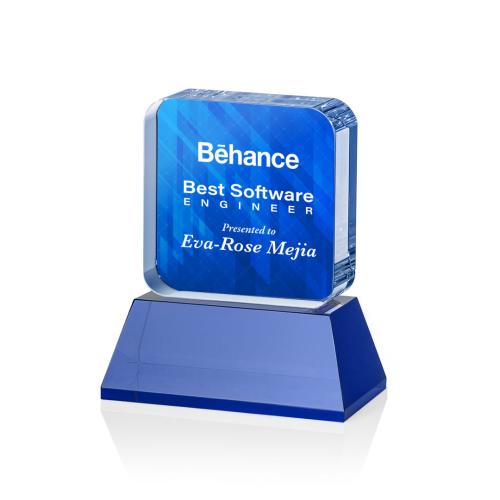 Awards and Trophies - Crystal Awards - Flamborough Full Color Blue on Base Square / Cube Crystal Award