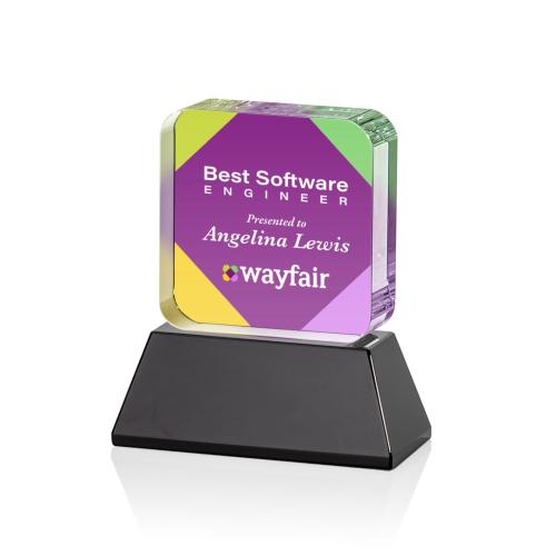 Awards and Trophies - Crystal Awards - Flamborough Full Color Black on Base Square / Cube Crystal Award