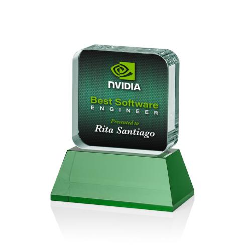Awards and Trophies - Crystal Awards - Flamborough Full Color Green on Base Square / Cube Crystal Award