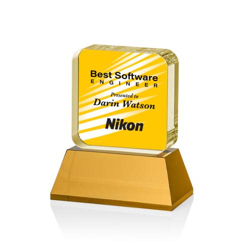 Awards and Trophies - Crystal Awards - Flamborough Full Color Amber on Base Square / Cube Crystal Award