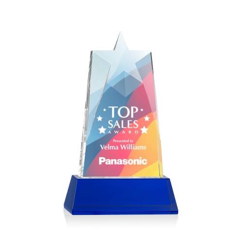 Awards and Trophies - Crystal Awards - Millington Full Color Blue on Base Star Crystal Award
