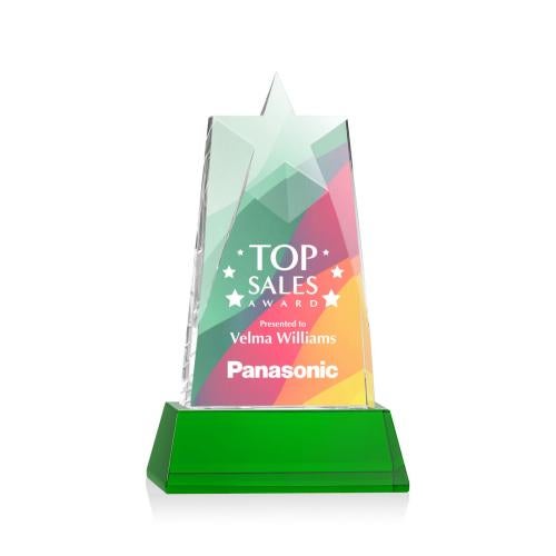 Awards and Trophies - Crystal Awards - Millington Full Color Green on Base Star Crystal Award