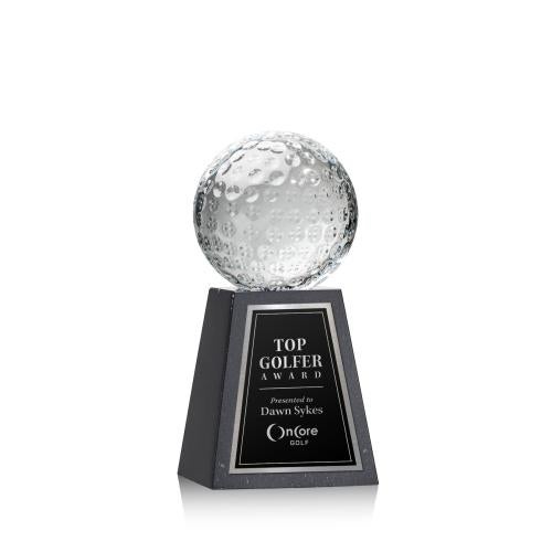 Awards and Trophies - Crystal Awards - Golf Ball Globe on Tall Marble Base Crystal Award