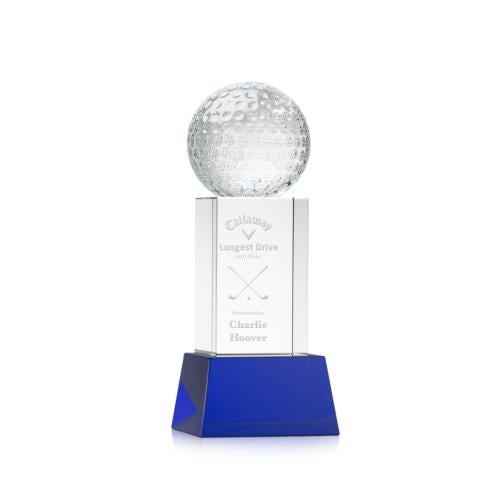 Awards and Trophies - Crystal Awards - Golf Ball Blue on Belcroft Base Globe Crystal Award