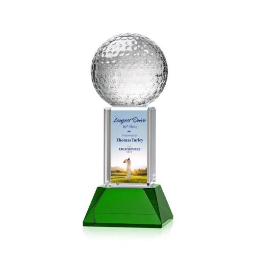 Awards and Trophies - Crystal Awards - Golf Ball Full Color Green on Stowe Globe Crystal Award