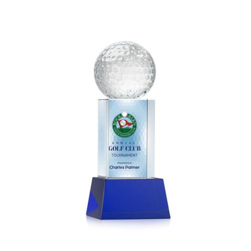 Awards and Trophies - Crystal Awards - Golf Ball Full Color Blue on Belcroft Globe Crystal Award