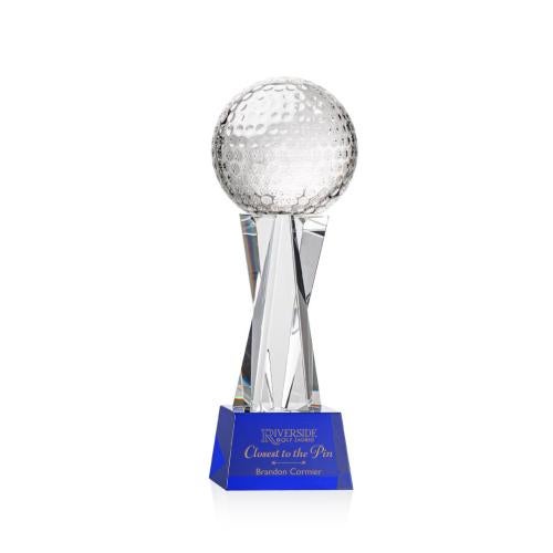 Awards and Trophies - Crystal Awards - Golf Ball Blue on Grafton Base Globe Crystal Award