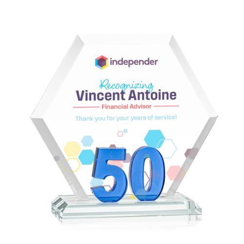 Awards and Trophies - Crystal Awards - Riviera Anniversary Full Color Blue No 50 Polygon Crystal Award
