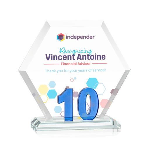 Awards and Trophies - Crystal Awards - Riviera Anniversary Full Color Blue No 10 Polygon Crystal Award