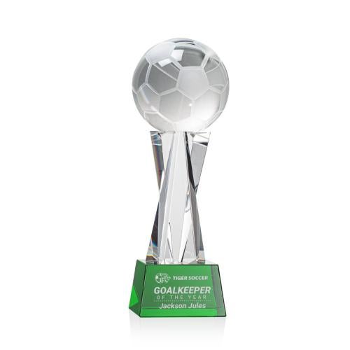 Awards and Trophies - Crystal Awards - Soccer Ball Green on Grafton Base Globe Crystal Award