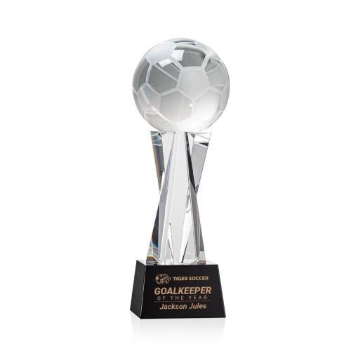 Awards and Trophies - Crystal Awards - Soccer Ball Black on Grafton Base Globe Crystal Award