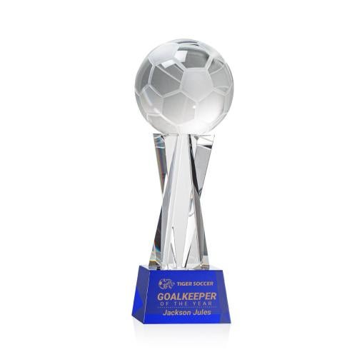 Awards and Trophies - Crystal Awards - Soccer Ball Blue on Grafton Base Globe Crystal Award
