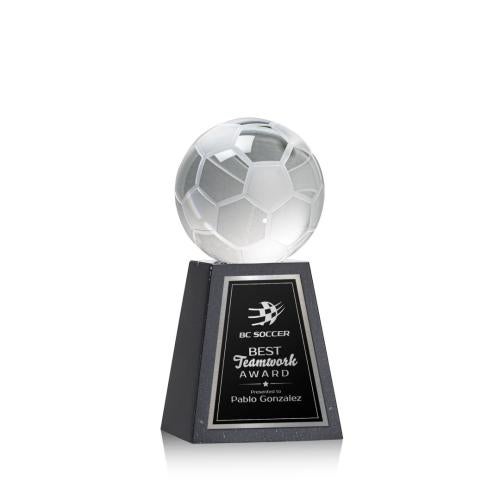 Awards and Trophies - Crystal Awards - Soccer Ball Globe on Tall Marble Base Crystal Award