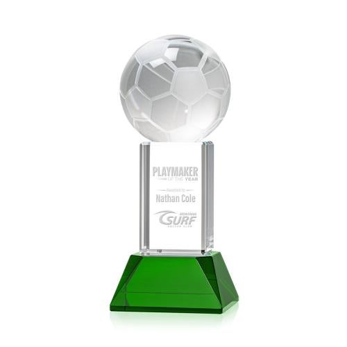 Awards and Trophies - Crystal Awards - Soccer Ball Green on Stowe Base Globe Crystal Award