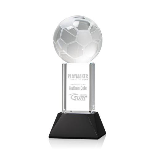 Awards and Trophies - Crystal Awards - Soccer Ball Black on Stowe Base Globe Crystal Award