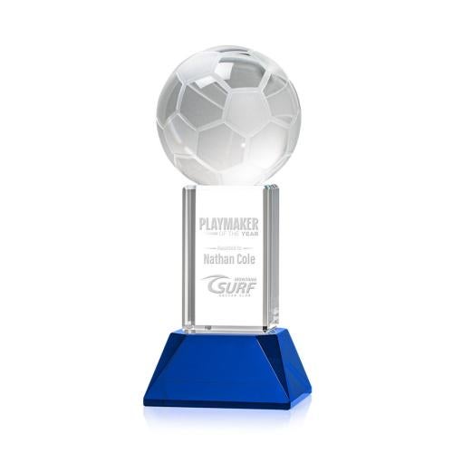 Awards and Trophies - Crystal Awards - Soccer Ball Blue on Stowe Base Globe Crystal Award
