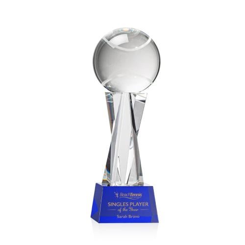 Awards and Trophies - Crystal Awards - Tennis Ball Blue on Grafton Base Globe Crystal Award