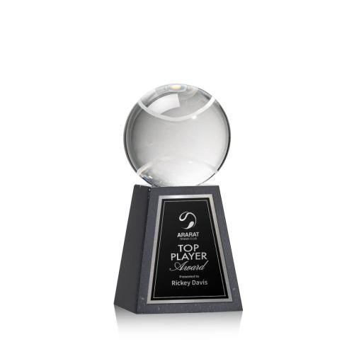 Awards and Trophies - Crystal Awards - Tennis Ball Globe on Tall Marble Base Crystal Award