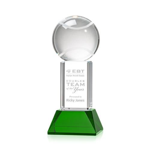 Awards and Trophies - Crystal Awards - Tennis Ball Green on Stowe Base Globe Crystal Award