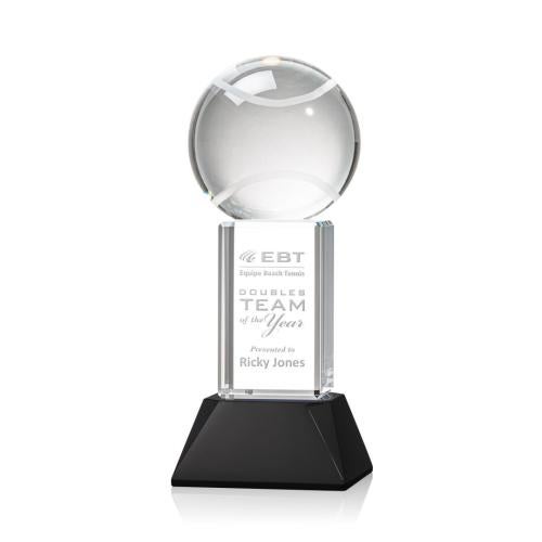 Awards and Trophies - Crystal Awards - Tennis Ball Black on Stowe Base Globe Crystal Award