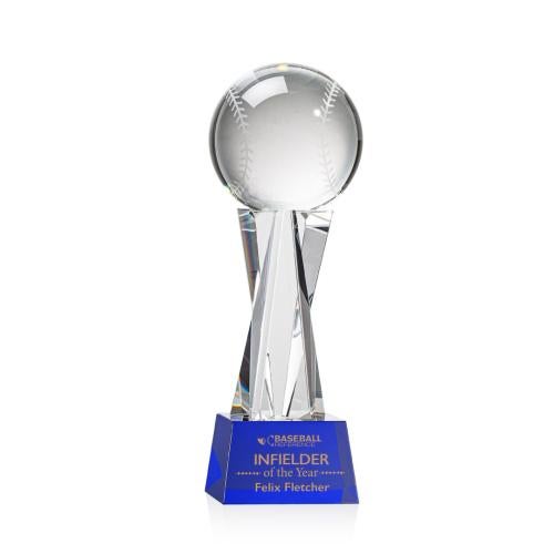 Awards and Trophies - Crystal Awards - Baseball Blue on Grafton Base Globe Crystal Award
