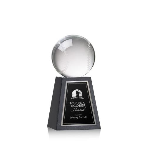 Awards and Trophies - Crystal Awards - Baseball Globe on Tall Marble Base Crystal Award
