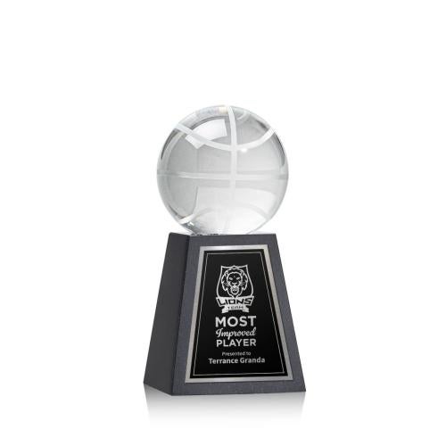Awards and Trophies - Crystal Awards - Basketball Globe on Tall Marble Base Crystal Award